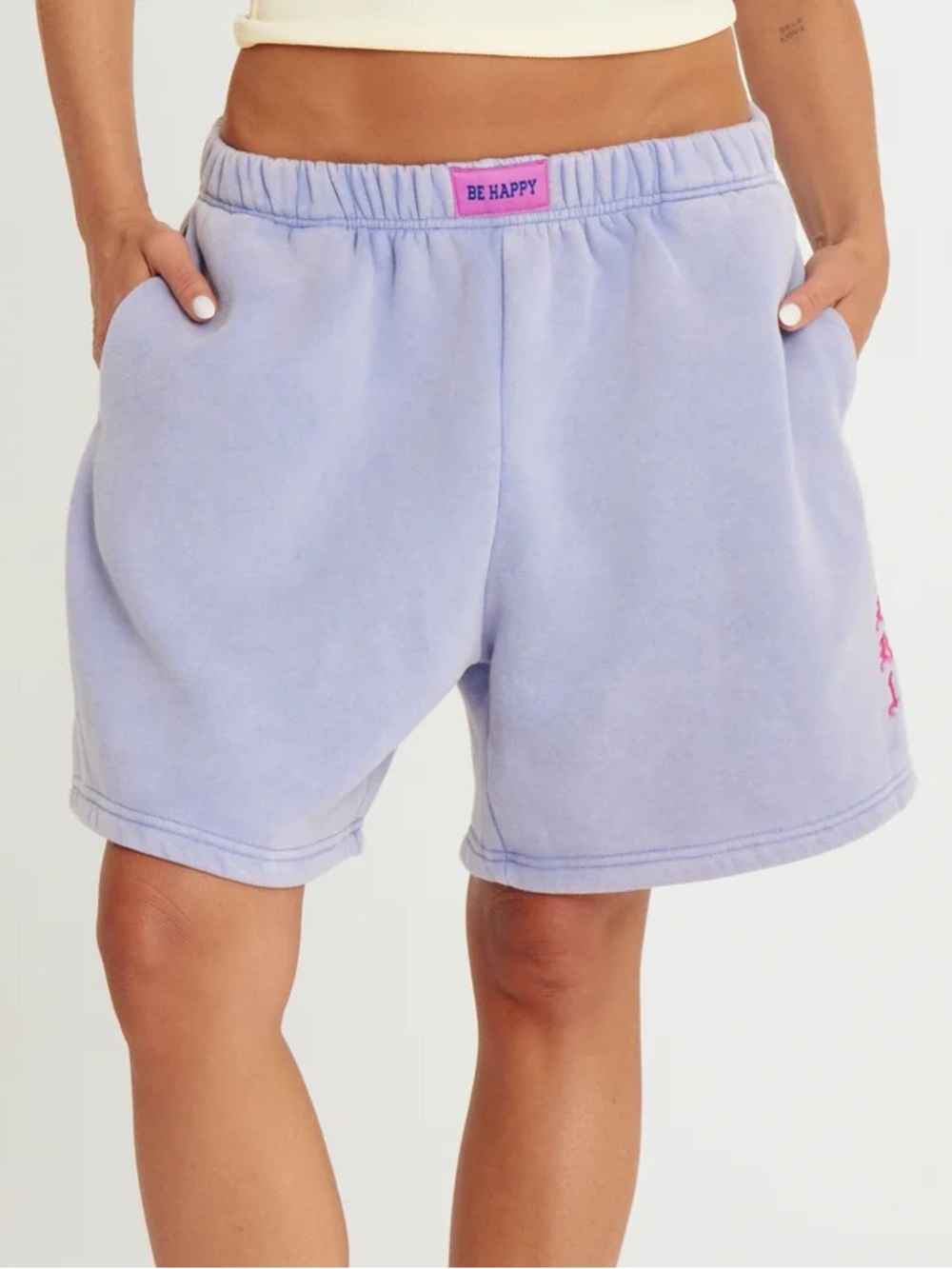 Sabbi Small Be Happy Sweat Shorts Pastel Lavender Pink Embroidered Lounge Shorts